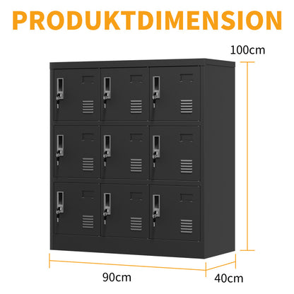 9-Türige Metall-Schränke für Büro, Fitnessstudio, Schule & Zuhause - Sicherer Aufbewahrungsschrank mit Kartenfach (Schwarz), H 100 cm × B 90 cm × T 40 cm