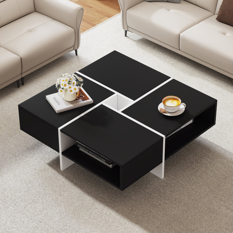 Moderner quadratischer Couchtisch 70x70x35cm - Schwarz-weißes Design, 5 offene Fächer, mittleres Ablagefach 10x10cm, Belastbarkeit 30KG, schwarzer quadratischer Couchtisch
