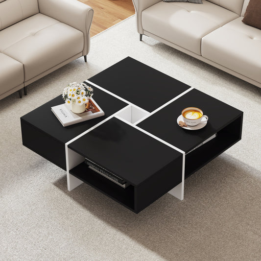 Moderner quadratischer Couchtisch 70x70x35cm - Schwarz-weißes Design, 5 offene Fächer, mittleres Ablagefach 10x10cm, Belastbarkeit 30KG, schwarzer quadratischer Couchtisch