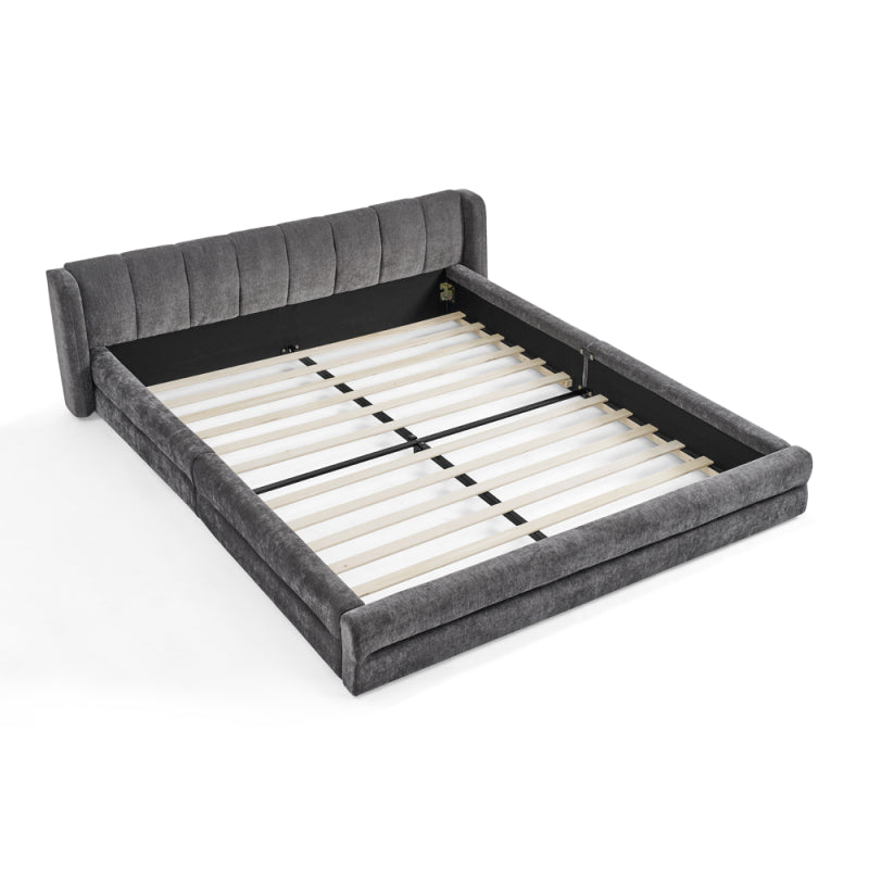 Doppelbett 140×200 cm, Chenille Stoff, komfortable Rückenlehne, robustes Eukalyptus und Eisengestell, einfach zu montieren, Dark Gray (ohne Matratze)