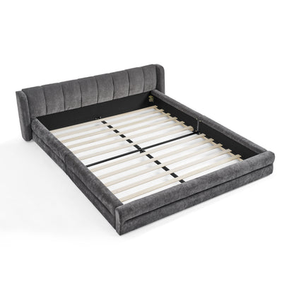 Doppelbett 140×200 cm, Chenille Stoff, komfortable Rückenlehne, robustes Eukalyptus und Eisengestell, einfach zu montieren, Dark Gray (ohne Matratze)