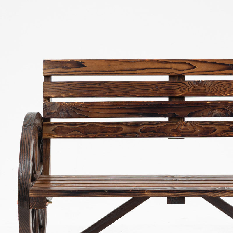 Gartenbank 2-Sitzer  Holzbank mit Wagenrad-Armlehnen im Landhausstil, Tannenholz, Braun