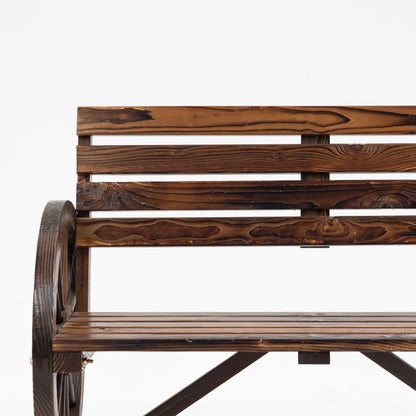 Gartenbank 2-Sitzer  Holzbank mit Wagenrad-Armlehnen im Landhausstil, Tannenholz, Braun