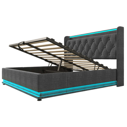 Polsterbett Doppelbett, 360-Surround-LED-Funktion, Drucktaste/App/Fernbedienung,160*200 cm,Grau Leinen-Material Hydraulisches Lagerbett, gepolstertes Kopfteil mit USB Typ-C Ladefunktion(Mit Matratze)