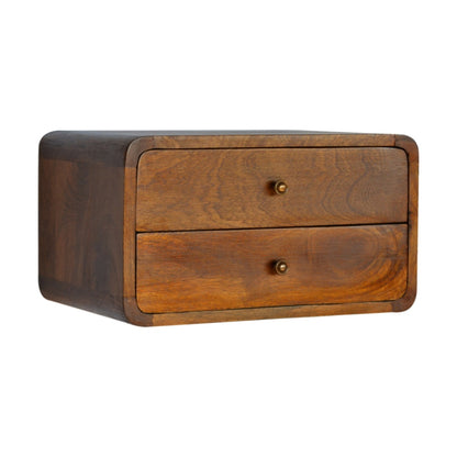 Schwebender Nachttisch aus massivem Mangoholz – Kastanienbraun, Curved Design, 2 Schubladen, Handgefertigt, Wandmontage, 45x32x25 cm
