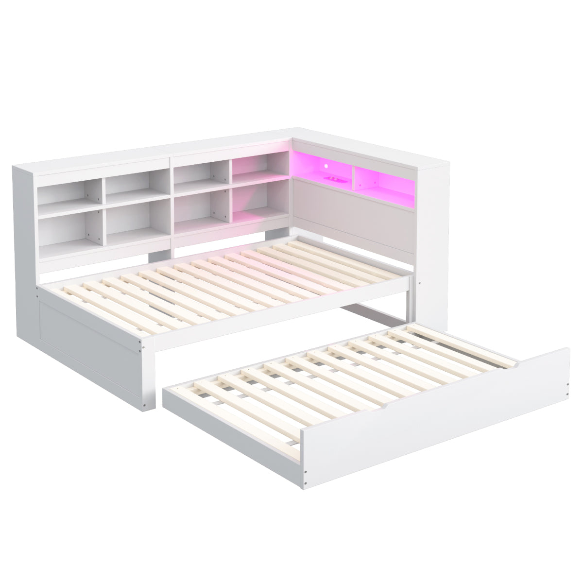 Massivholz-Einzelbett 90x200 Weiß mit Ausziehbett - Multifunktionales Schlafsofa inkl. LED, USB-Steckdose, Regalen & viel Stauraum, Weiß