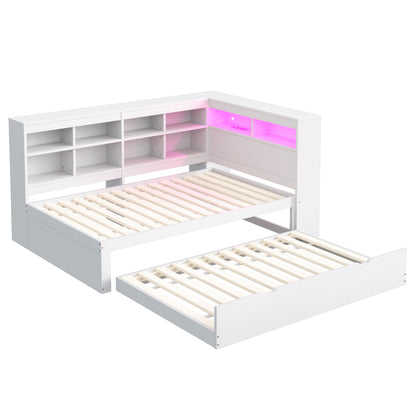 Massivholz-Einzelbett 90x200 Weiß mit Ausziehbett - Multifunktionales Schlafsofa inkl. LED, USB-Steckdose, Regalen & viel Stauraum, Weiß