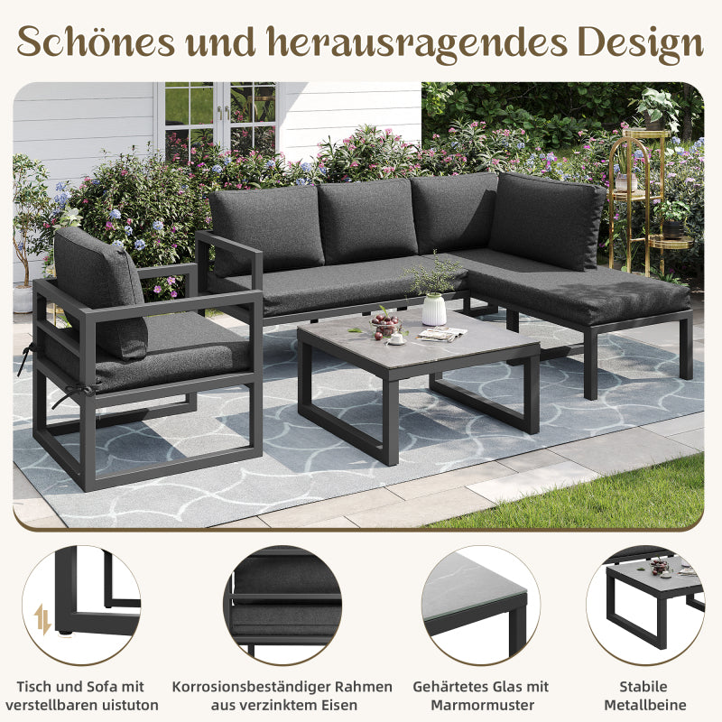 Seil-Gartenmöbel-Set, Garten-Lounge-Set, Ecksofa mit verzinktem Eisengestell, verstellbare Beine, inklusive aller Sitz- und Rückenkissen, grau