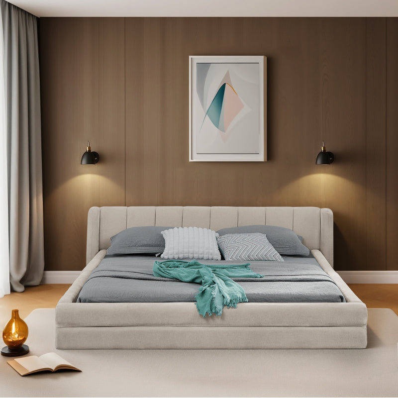 Doppelbett 140×200cm, Chenillestoff, komfortable Rückenlehne, robustes Eukalyptus- und Eisengestell, einfach zu montieren, Beige (ohne Matratze)