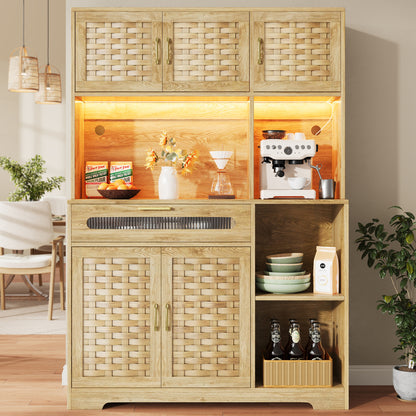 Hochschrank 120x40x180cm Vitrine mit LED-App-Steuerung & Musikmodus, Küchenschrank Natur Holzoptik, MDF-Geflecht & Glastüren