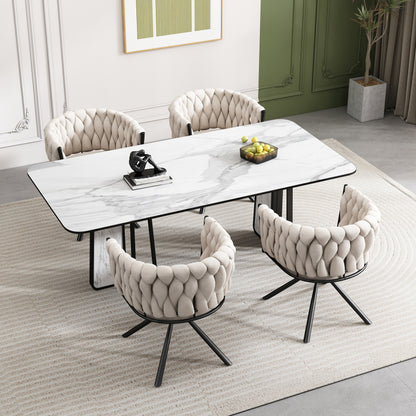Samt-Esszimmerstuhl, 4er set, Freizeit-Drehstuhl mit vier Stützbeinen aus Metall, Beige
