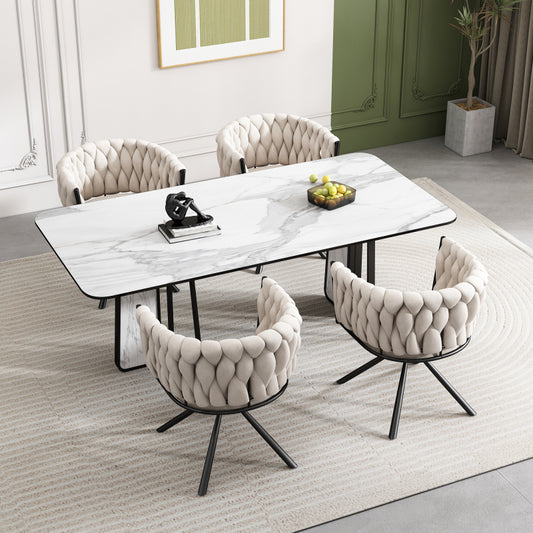 Samt-Esszimmerstuhl, 4er set, Freizeit-Drehstuhl mit vier Stützbeinen aus Metall, Beige