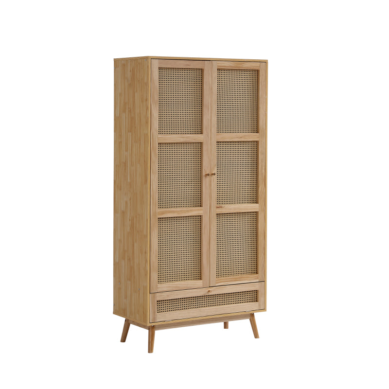 Kleiderschrank mit Stange, 2-türiger Kleiderschrank, Schlafzimmer, Rattannetz, Wohnzimmer, mit unterem Flip-Top-Deckel, Spanplatten+PE-Rattan, Natur