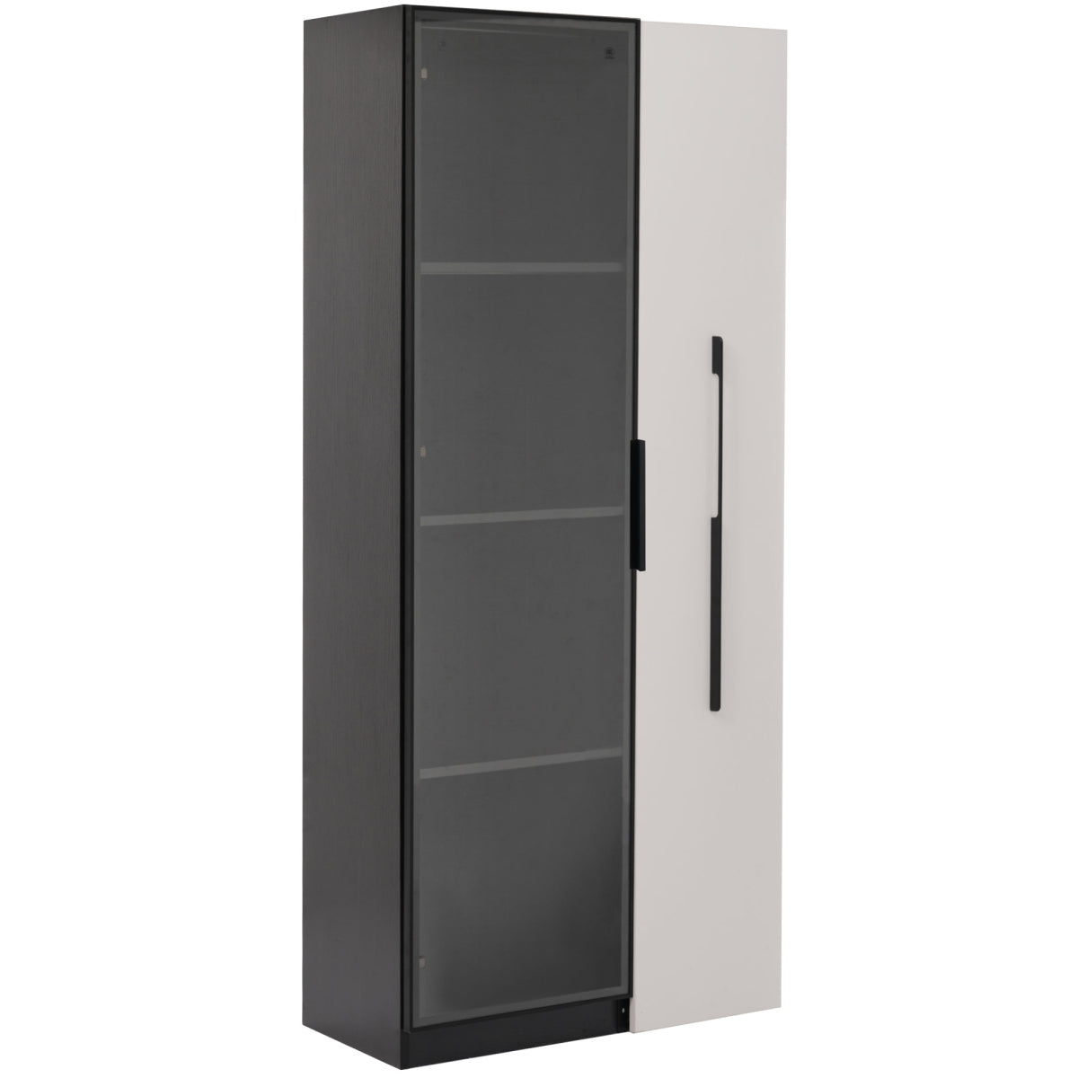 Multifunktionsschrank 70x40x160cm - LED Vitrine mit Glastür aus gehärtetem Glas & Aluminiumrahmen, Seitenauszug auf Rollen, Schwarz-Weiß