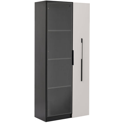 Multifunktionsschrank 70x40x160cm - LED Vitrine mit Glastür aus gehärtetem Glas & Aluminiumrahmen, Seitenauszug auf Rollen, Schwarz-Weiß