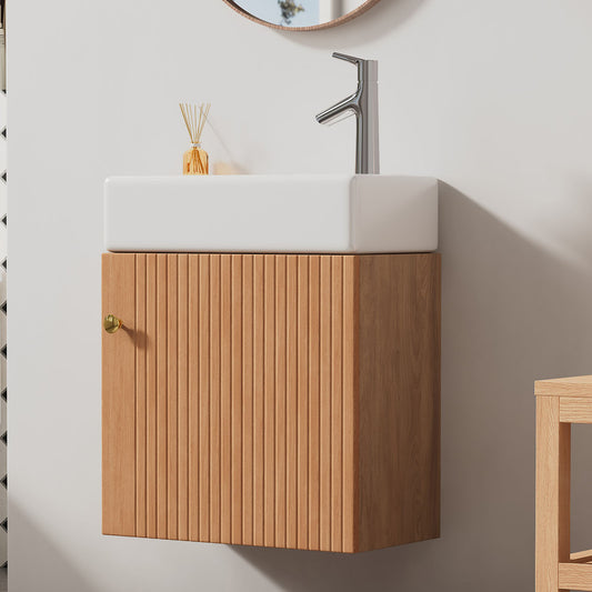 Badezimmermöbel Waschbecken mit Waschtischunterschrank 46 cm , Waschtischunterschrank hängend , Kleine Gästebad Möbel, Natural Wood