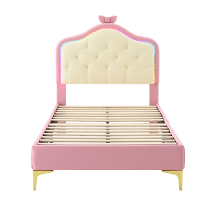 Polsterbett, Einzelbett, Wellenform mit Zugpunkt am Kopfende des Bettes, rosa Schleife, mit mehrfarbigen, wechselnden LED-Streifen, Kinderbett mit Holzlatten, Einzelbett, PU, rosa Bettrahmen, 90x200cm