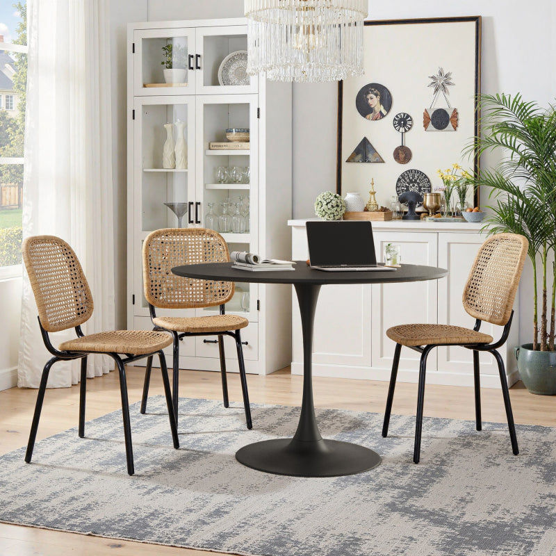 47.24"Modern Round Dining Table,Four Patchwork Tabletops with Black Color Solid Wood Grain Table Top,Metal Base Dining Table, End Table Leisure Coffee Table