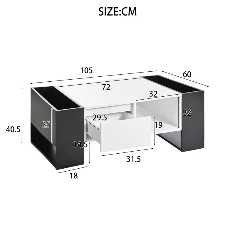 Moderner Couchtisch 105 x 60 x 40,5 cm – Schwarz-Weiß-Design mit hochglänzender Oberfläche, Schublade und 4 offenen Fächern