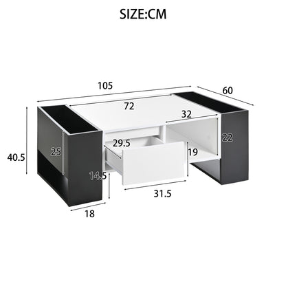 Moderner Couchtisch 105 x 60 x 40,5 cm – Schwarz-Weiß-Design mit hochglänzender Oberfläche, Schublade und 4 offenen Fächern