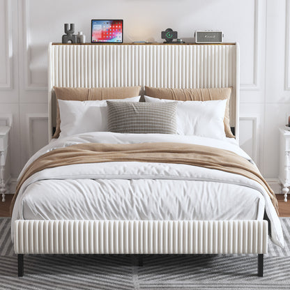 Bettrahmen gepolstertes Plattformbett mit Stoffköpfchen, Flügelkantendesign/Nicht-Rutscht- und Rauchfreien/Metalllatten/No BoxSpre 140*200