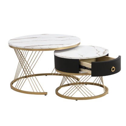Eleganter zusammensetzbarer Couchtisch: Marmoroptik, Golddekor, Beistelltisch mit Schubladen – 2er-Set