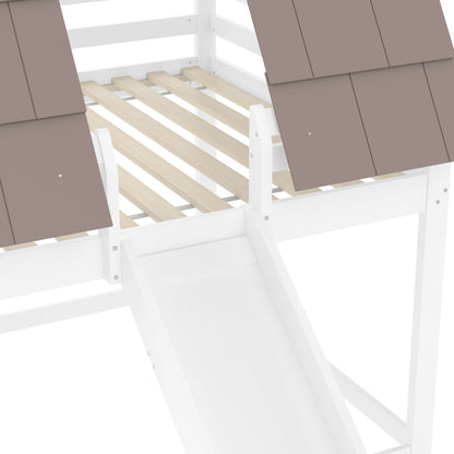 140 x 200 Holzhaus-Etagenbett mit Dach, Leiter und Rutsche, Weiß+Braun