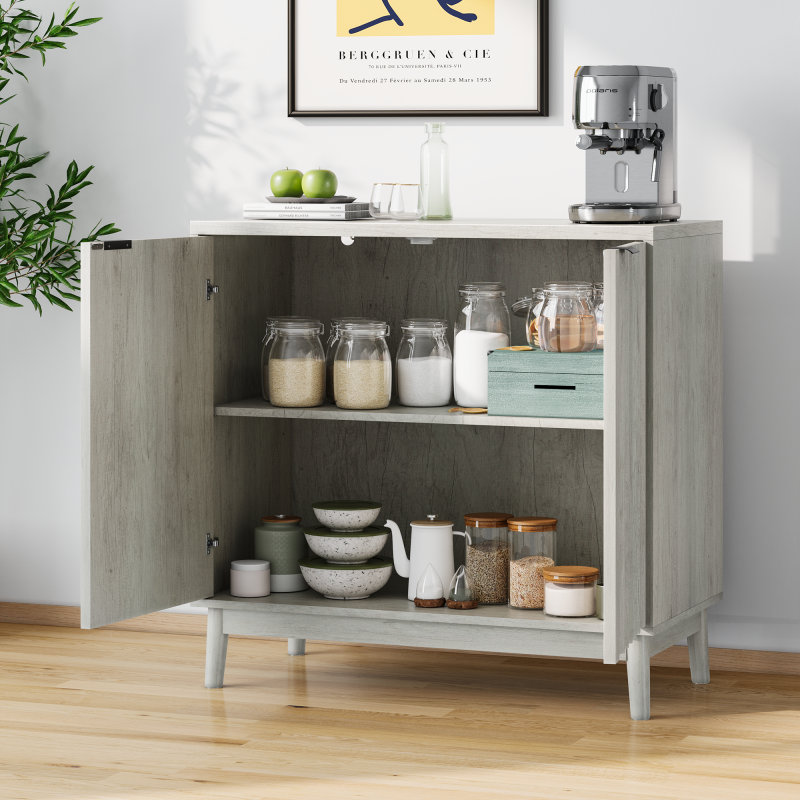 Rillenkantenschrank, unabhängiges Buffet mit verstellbaren Regalen, Holzschrank, passend für Wohnzimmer, Flur, Eingang, Grau