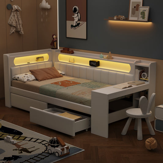 Gepolstertes 90x200 Daybed mit USB-Anschlüssen und LED-Gürtel, mit Schreibtisch und 2 Schubladen, weiß