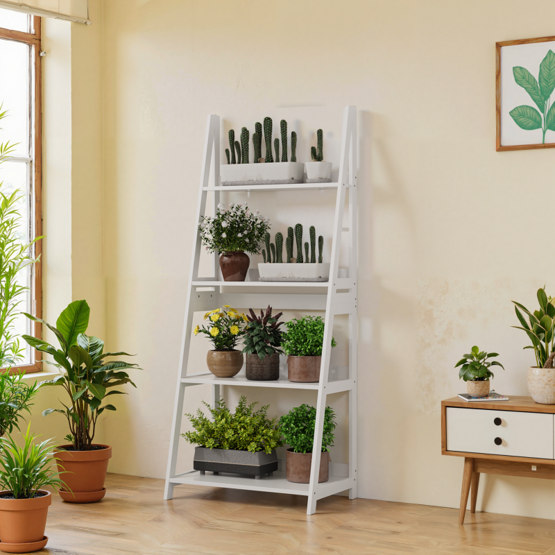 4-lagiges Leiter-Bücherregal, offener Bücherregal-Organizer & Aufbewahrungsständer für Bad, Homeoffice & Wohnzimmer, freistehend, weiß