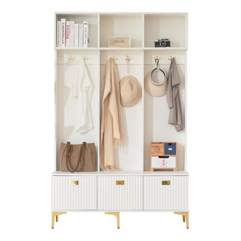Garderobenset mit Bank, multifunktionale Aufbewahrungsbank, offene Aufbewahrung,6 goldene Haken und Füße, geeignet für Flur, Wohnzimmer, weiß, B120/D40/H191.5CM
