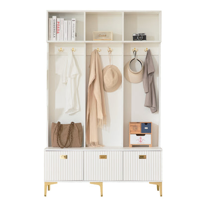 Garderobenset mit Bank, multifunktionale Aufbewahrungsbank, offene Aufbewahrung,6 goldene Haken und Füße, geeignet für Flur, Wohnzimmer, weiß, B120/D40/H191.5CM