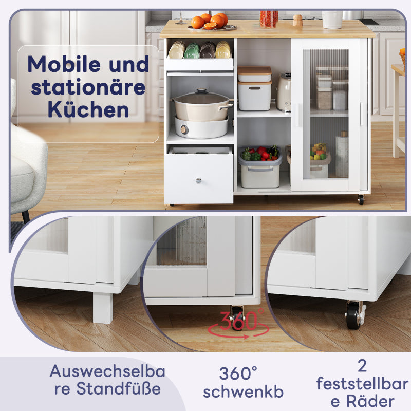 112×46(69)×91cm, klappbarer Kücheninselwagen, Eichenholzfurnier, Weinregal, Schubladen, großer Kücheninselwagen mit Schiebetüren aus gehärtetem Glas und verstellbaren Einlegeböden, mobiler Inselwagen