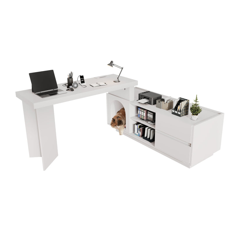 Eckschreibtisch mit integriertem Tierhaus, L-förmig oder einteilig, flexible Montage, Eckschreibtisch für Home Office mit XL-Tierhöhle, White