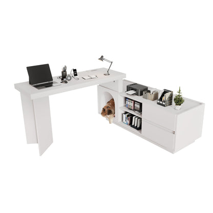 Eckschreibtisch mit integriertem Tierhaus, L-förmig oder einteilig, flexible Montage, Eckschreibtisch für Home Office mit XL-Tierhöhle, White