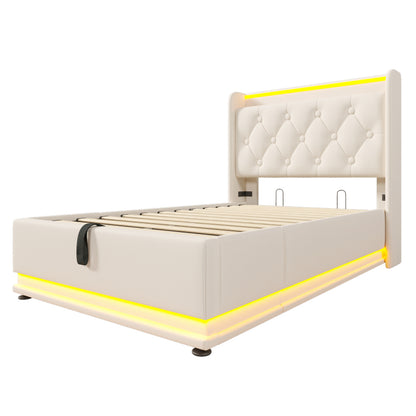 Polsterbett einzelbett, 360-Surround-LED-Funktion, Drucktaste/App/Fernbedienung, 90*200 cm, weiß PU-Material Hydraulisches Lagerbett, gepolstertes Kopfteil mit USB Typ-C Ladefunktion (Mit Matratze)