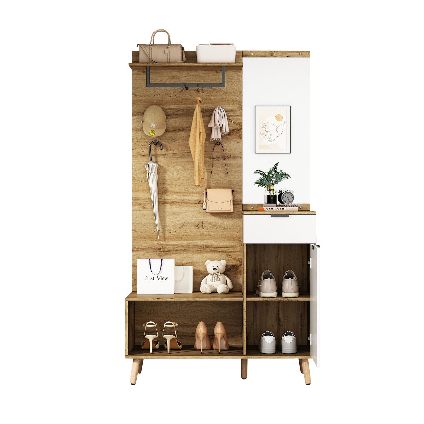 Multifunktionales Garderobenset aus Holz mit Spiegel, Schuhbank, Schuhschrank, Schublade, Regal und Kleiderhaken – Modernes Design mit hydraulischen Scharnieren und praktischem Stauraum