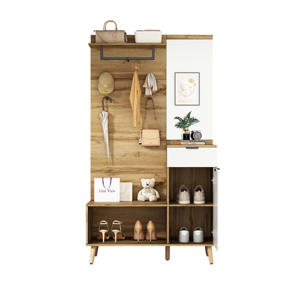 Multifunktionales Garderobenset aus Holz mit Spiegel, Schuhbank, Schuhschrank, Schublade, Regal und Kleiderhaken – Modernes Design mit hydraulischen Scharnieren und praktischem Stauraum