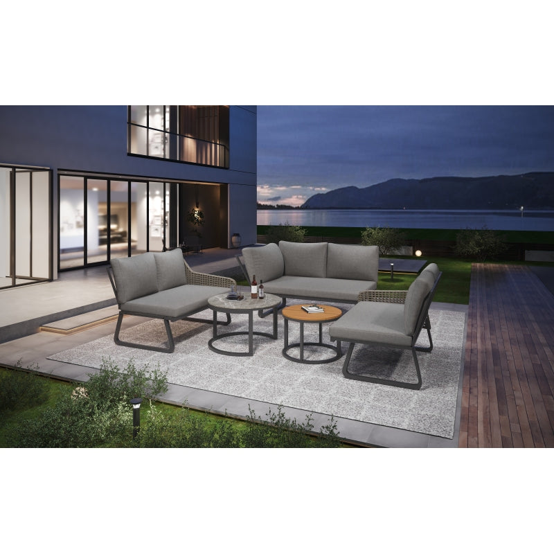 Gartenmöbel-Set für 6-7 Personen, Outdoor-Lounge-Set, Rattan-Handwerk, mit zwei Tischen, mit verzinktem Eisengestell, verstellbare Beine, inklusive aller Sitz- und Rückenkissen, grau