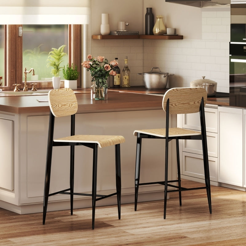 Barhocker 2er Set, Barstuhl mit Fußstütze, Metallgestell, Industrie-Design Naturholz+Schwarz