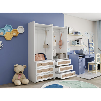 Weißer Kleiderschrank mit drei Schubladen – Garderobe mit Stauraumregal im Boho-Stil – Höhe 180 cm – ideal für Flur, Wohnzimmer, Schlafzimmer, Arbeitszimmer oder Büro.Maße:70*48*180cm