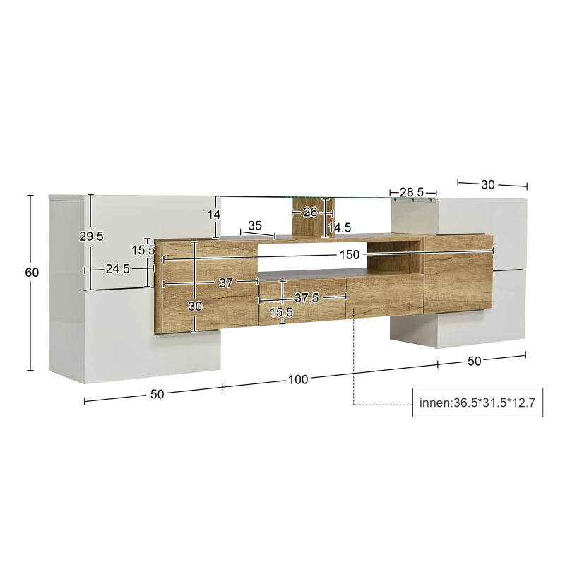 Stilvoller TV-Schrank, Lowboard.hochglänzendes Weiß, 200 cm, LED-Beleuchtung, Wohnzimmermöbel.  modernes Design. elegante Glasoberfläche.