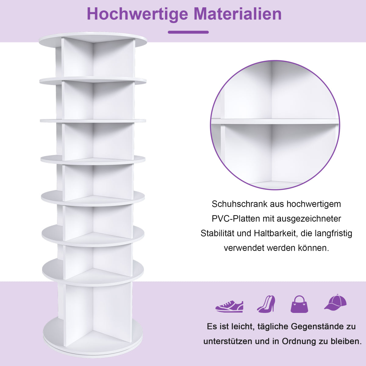 Drehbares Schuhregal 7 Ebenen, 360°, Stiefelfach, 28 Paar, Weiß, 184 cm