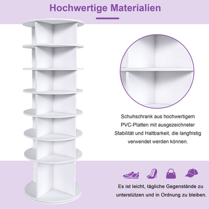Drehbares Schuhregal 7 Ebenen, 360°, Stiefelfach, 28 Paar, Weiß, 184 cm