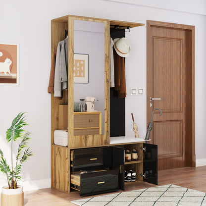 Elegantes Kleiderschrank Set in Schwarz und Holzfarbe mit Spiegel, Schuhschrank, Schuhbank mit Haken und ausziehbaren Kleiderbügeln.