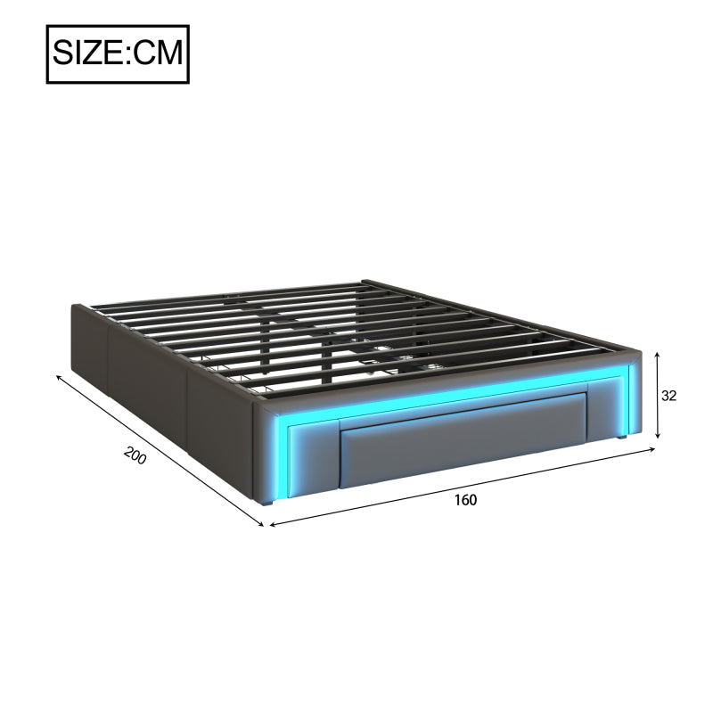 Bettgestell 160X200 mit Schubladen, PU-Leder Bett ohne Kopfteil Mit LED-Lichtleiste, MetalllattenPlattformbett für moderne Schlafzimmer Grau