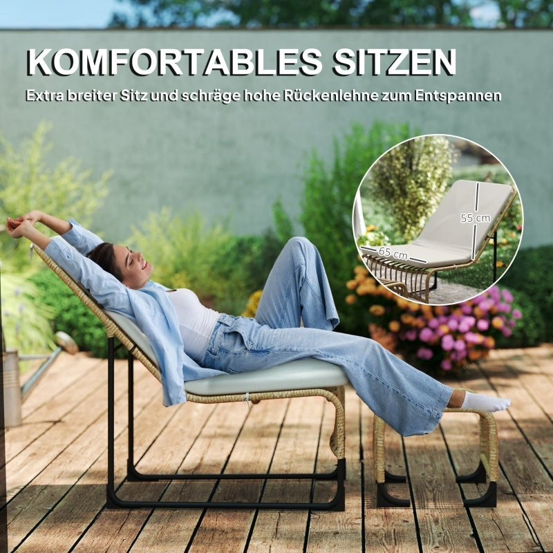 Rattan Relaxsessel mit Fußhocker, Outdoor Rattanstuhl Gartenstuhl für Garten, Balkon, Terrasse, Naturholz