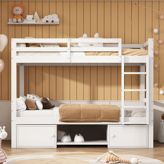 Etagenbett für Kinder, Kinderbett mit Schuhregale und Schließfächer, Bett aufgeteilt in 2 Einzelbetten, Jugendbett, Einzelbett, Weiß, 90x200cm.
