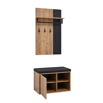 Schuhbank mit Garderobe & 3 Haken, Schuhschrank mit 2 Türen und Sitzbank, Flurmöbel aus Spanplatte, Schwarz/Natur, B70×T36×H146 cm