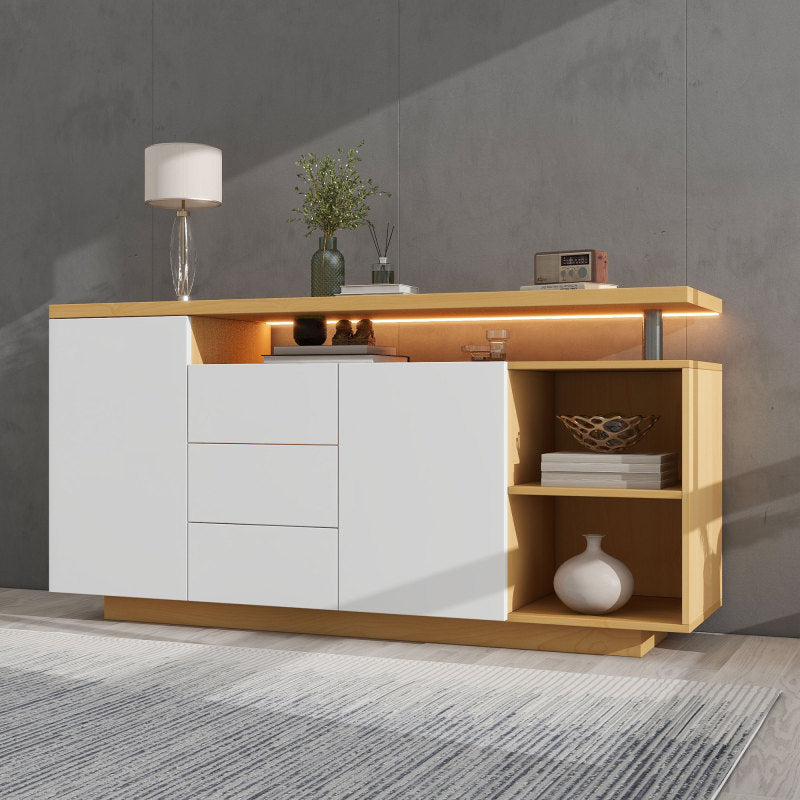 Multifunktionales Sideboard, Länge 140 cm, weiß und Holzimitat - 2 Türen, 3 Schubladen, 2 offene Fächer, mit LED-Beleuchtung